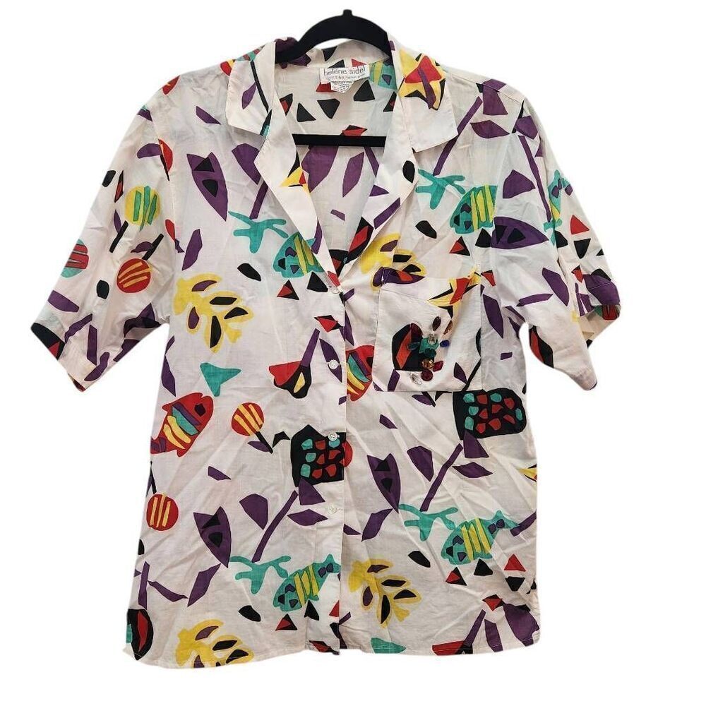 Vintage Helene‎ Sidel 80s button front colorful pattern jewel pocket shirt large